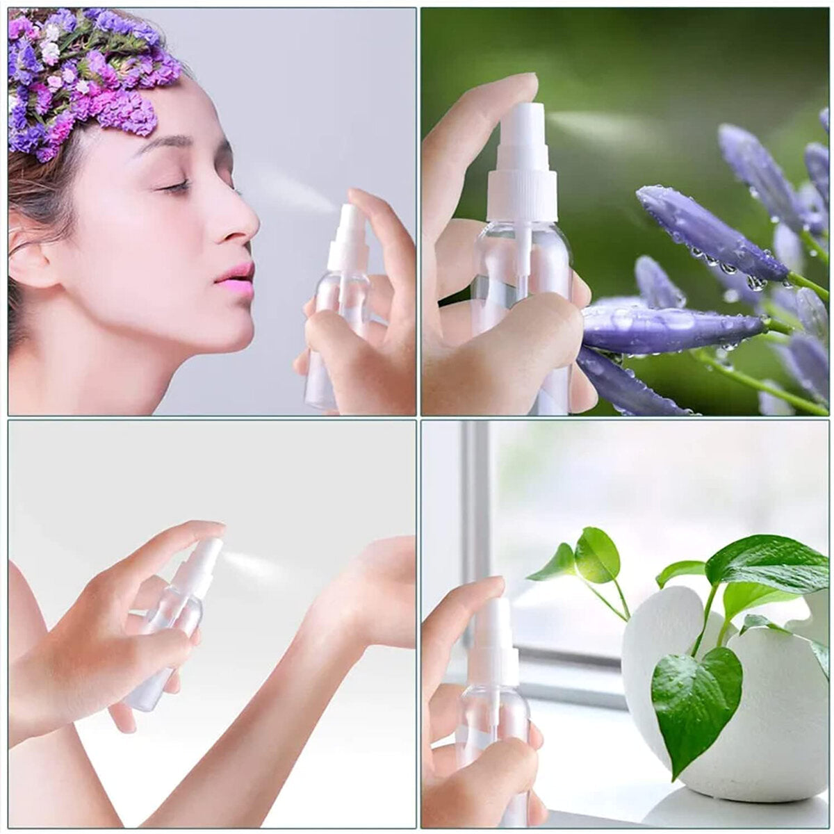 Boş Sprey Şişesi - Plastik - 50 ml - Şeffaf - ayrıntı ve kullanım görünümü