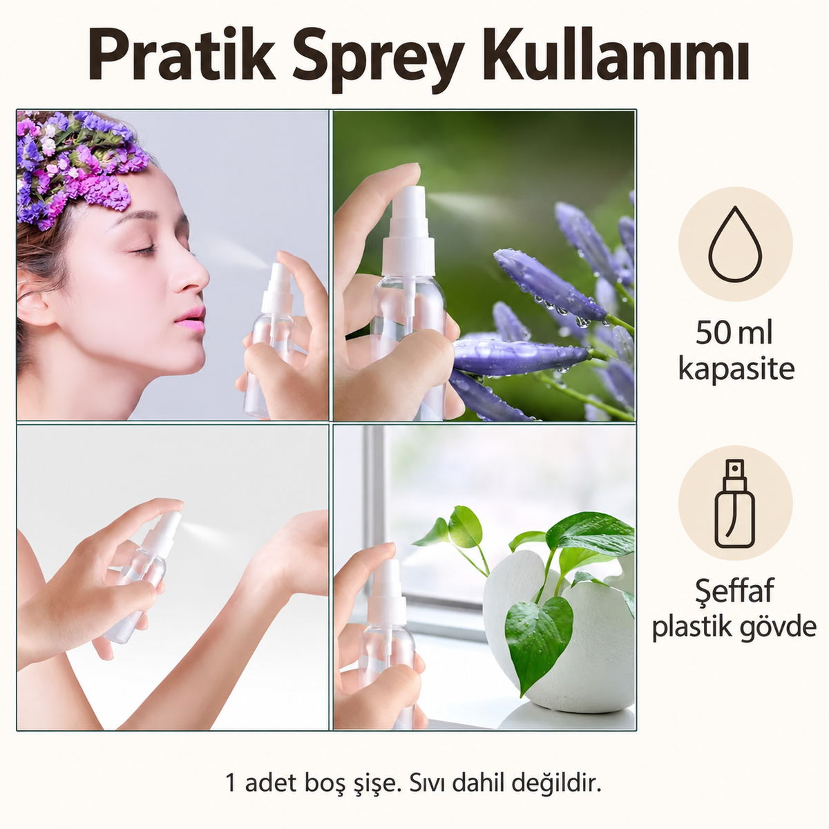 Boş Sprey Şişesi - Plastik - 50 ml - Şeffaf - ürün özellikleri ve kullanım faydaları afişi