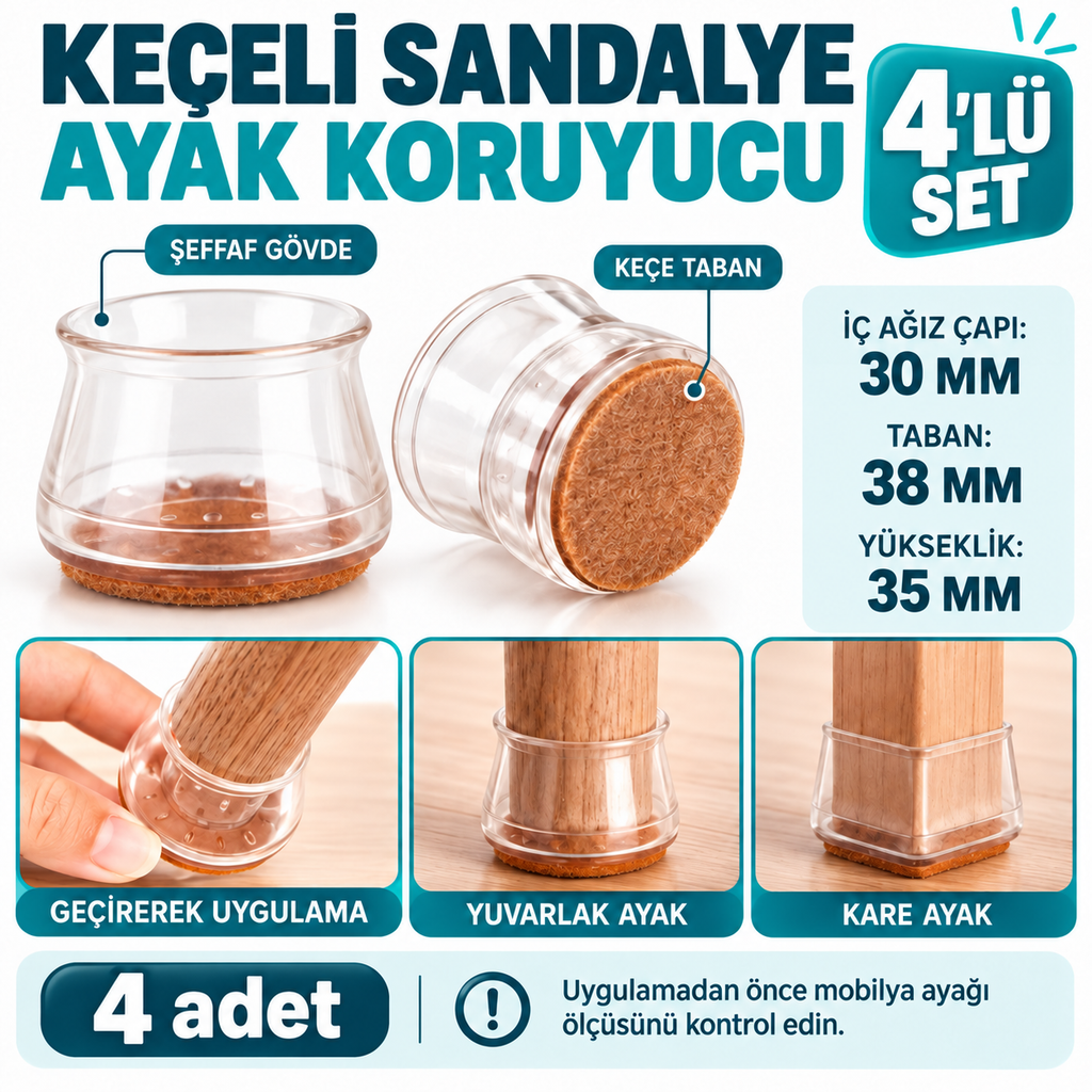 4'lü Keçeli Şeffaf Silikon Sandalye Ayak Koruyucu Seti - özellik ve kullanım bilgileri