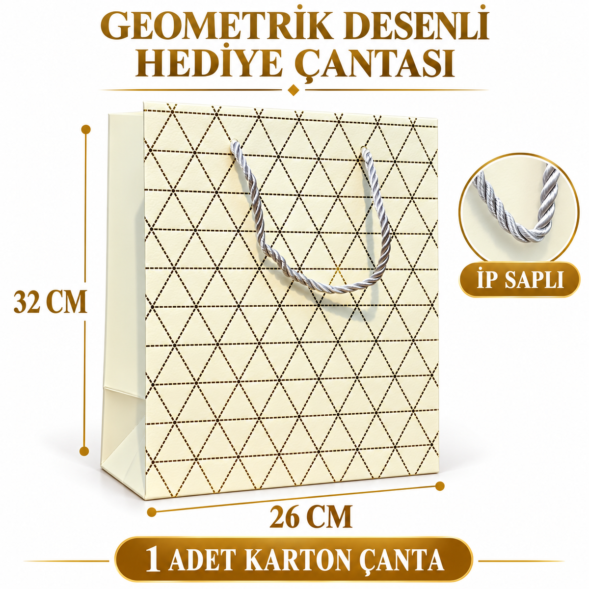 Beyaz Geometrik Desenli Büyük Boy Karton Hediye Çantası - özellik ve kullanım bilgileri