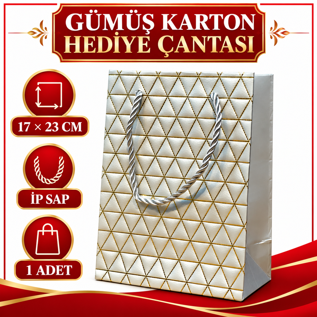 Gümüş Geometrik Desenli Orta Boy Karton Hediye Çantası - özellik ve kullanım bilgileri