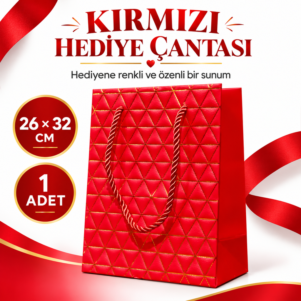 Kırmızı Geometrik Desenli Büyük Boy Karton Hediye Çantası - özellik ve kullanım bilgileri
