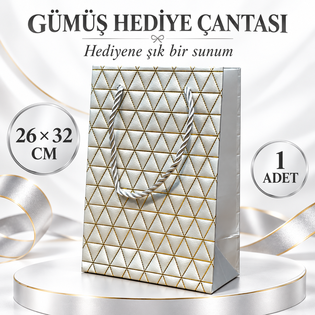 Gümüş Geometrik Desenli Büyük Boy Karton Hediye Çantası - özellik ve kullanım bilgileri