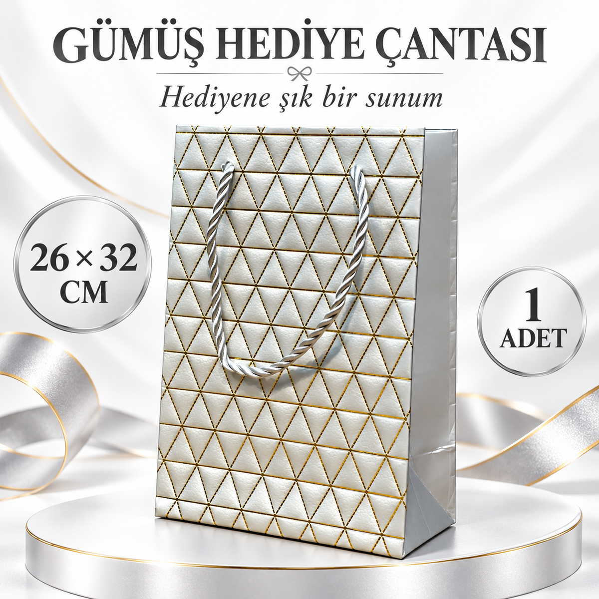 Gümüş Geometrik Desenli Büyük Boy Karton Hediye Çantası - özellik ve kullanım bilgileri
