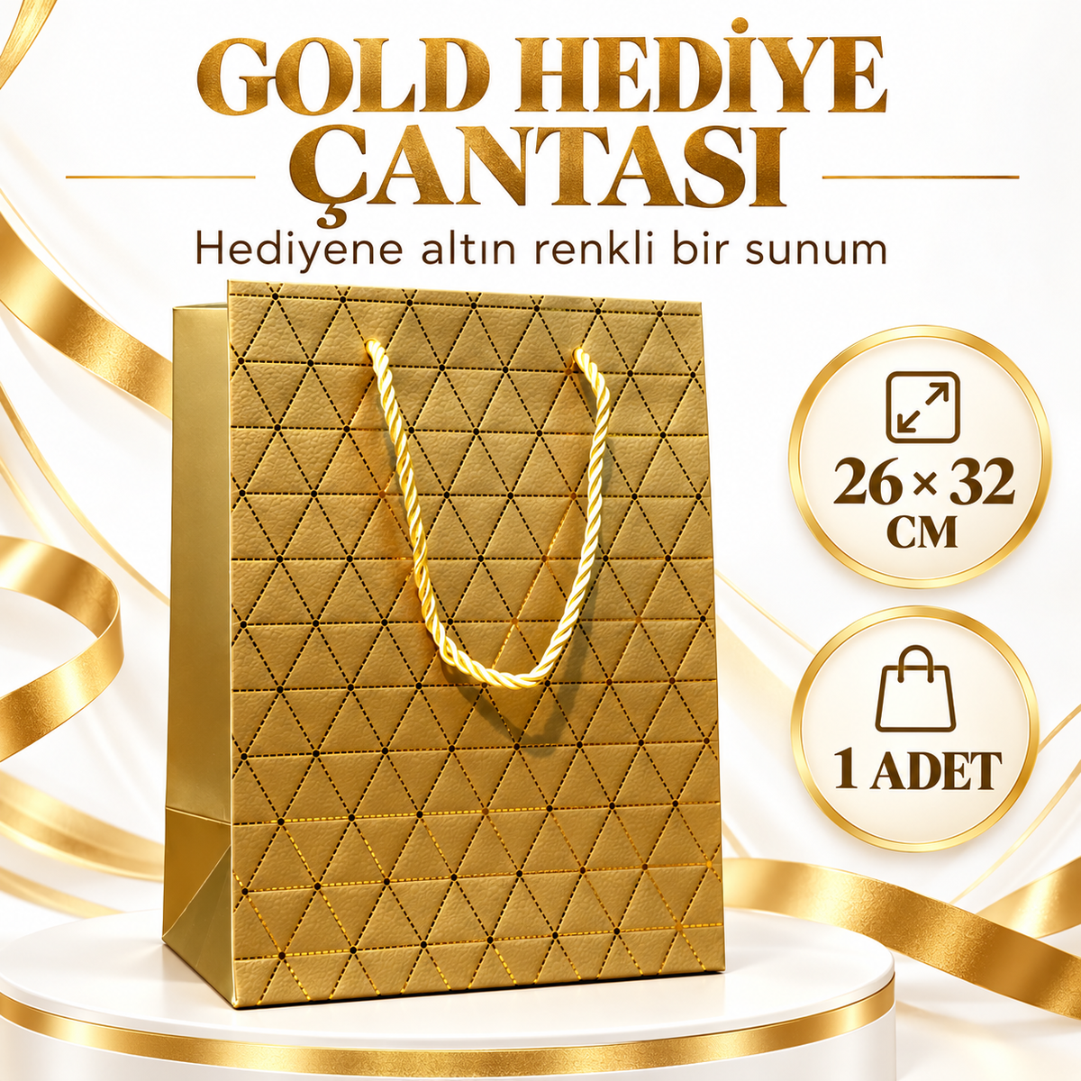 Gold Geometrik Desenli Büyük Boy Karton Hediye Çantası - özellik ve kullanım bilgileri
