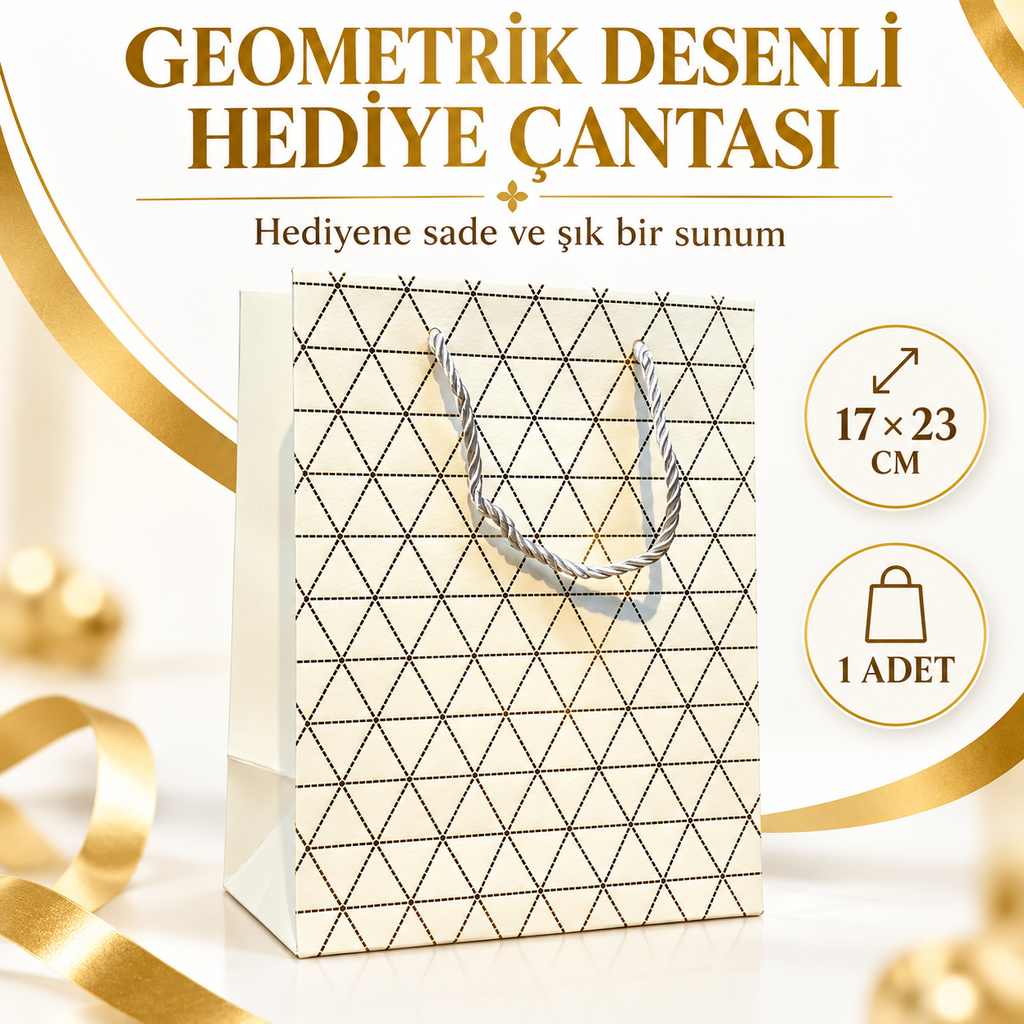 Beyaz Geometrik Desenli Orta Boy Karton Hediye Çantası - özellik ve kullanım bilgileri