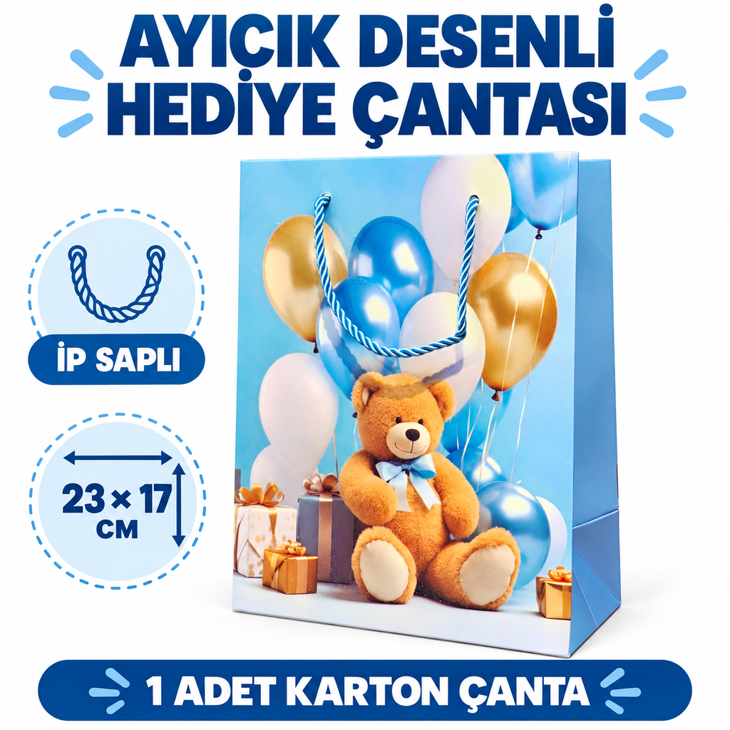 Ayıcık Desenli Mavi Küçük Boy Karton Hediye Çantası - özellik ve kullanım bilgileri