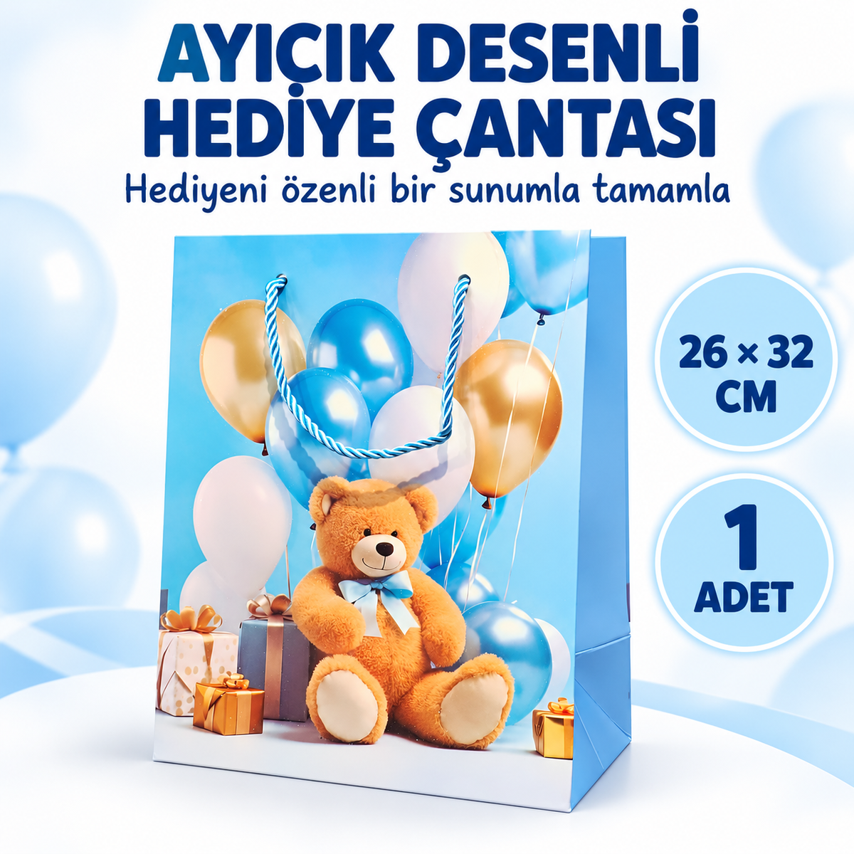 Ayıcık Desenli Mavi Büyük Boy Karton Hediye Çantası - özellik ve kullanım bilgileri