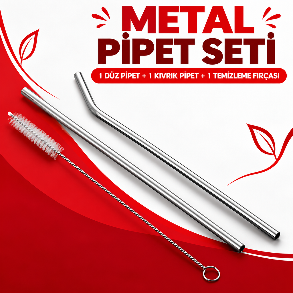 Ekstra Uzun Paslanmaz Çelik Pipet Seti – 3 Parça (Eğri + Düz + Fırça) - özellik ve kullanım bilgileri
