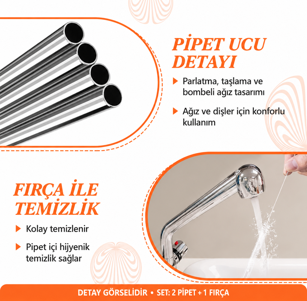 Ekstra Uzun Paslanmaz Çelik Pipet Seti – 3 Parça (Eğri + Düz + Fırça) - ürün görünümü