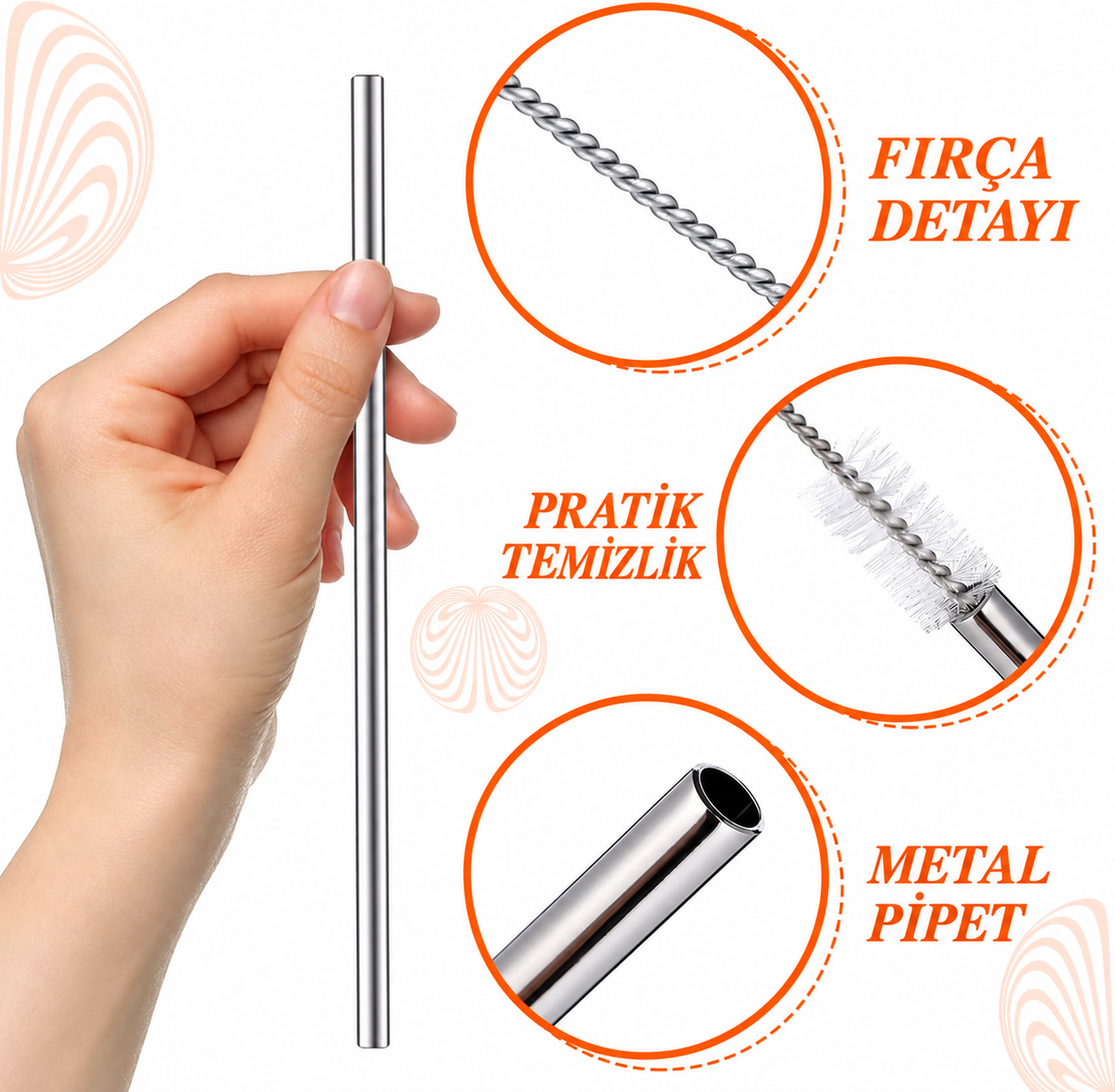 Ekstra Uzun Paslanmaz Çelik Pipet Seti – 3 Parça (Eğri + Düz + Fırça) - ürün görünümü