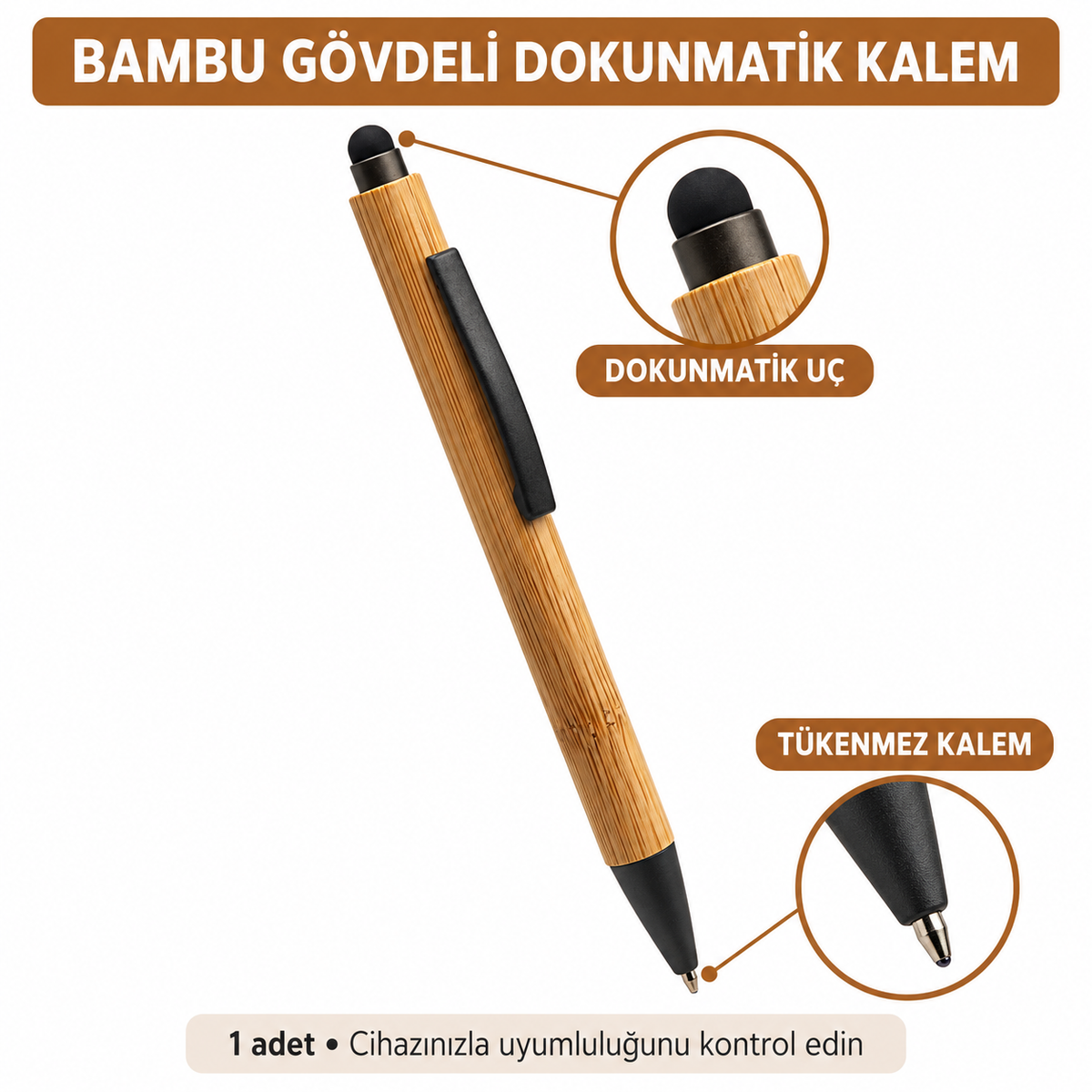 Touchpen Tükenmez Kalem - Dokunmatik Ekran Uyumlu - Bambu - özellik ve kullanım bilgileri