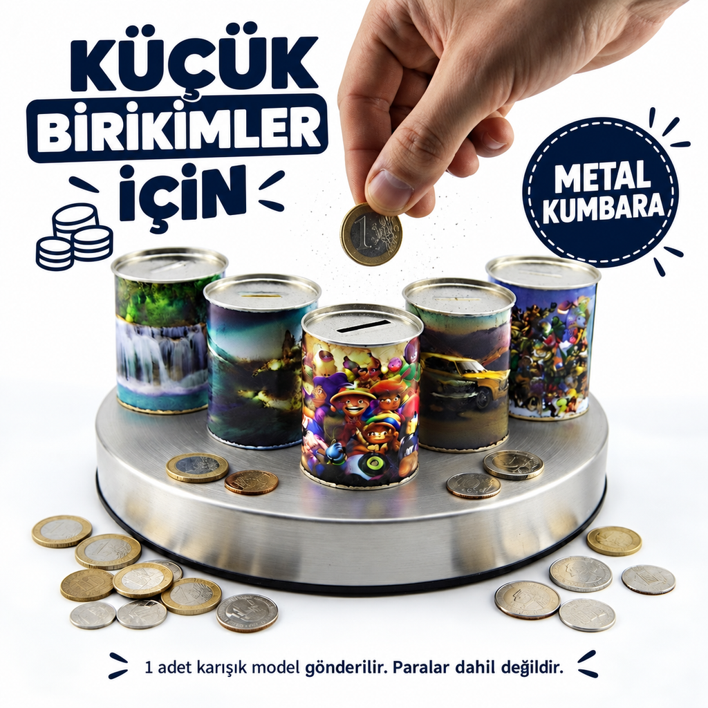 Desenli Küçük Boy Metal Kumbara - Silindir Tasarım - Karışık Model - özellik ve kullanım bilgileri