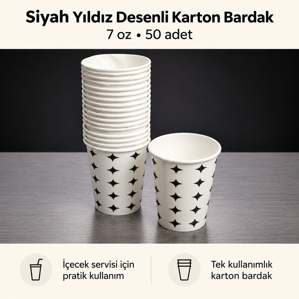 Siyah Yıldız Desenli Karton Bardak - 7 Oz - 50'li Paket - özellik ve kullanım bilgileri