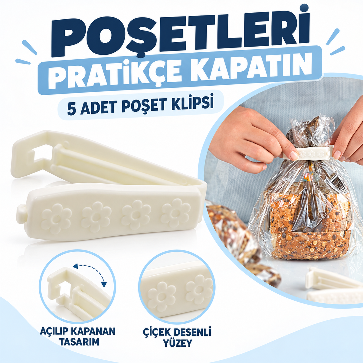 5'li Poşet Klipsi Seti - Plastik - Poşet Kapatıcı - özellik ve kullanım bilgileri