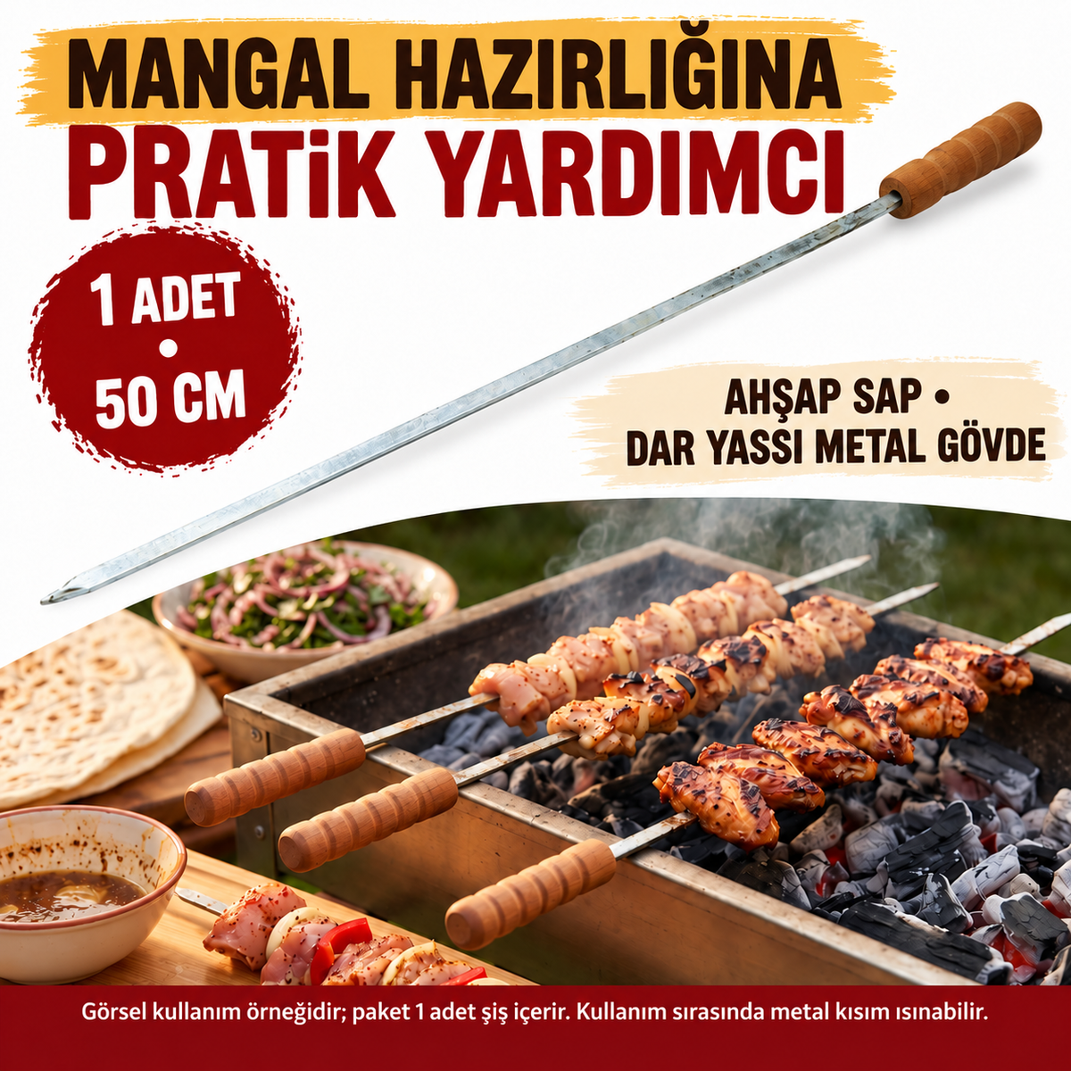 Ahşap Saplı Tavuk Şişi - Dar Yassı - Metal - 50 cm - özellik ve kullanım bilgileri