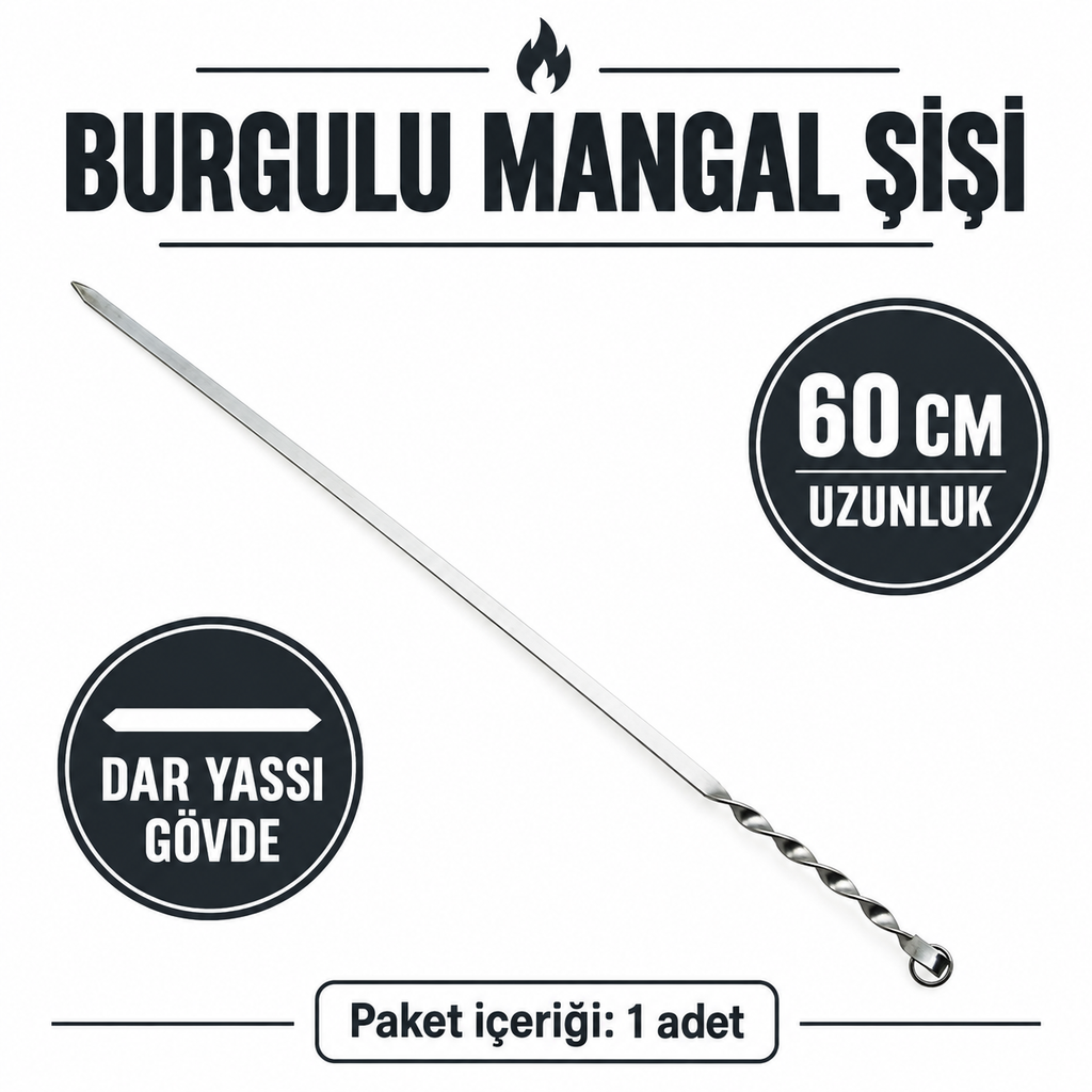 Dar Yassı Mangal Şişi - Burgulu Tasarım - 60 cm - Tavuk ve Kanat İçin - özellik ve kullanım bilgileri