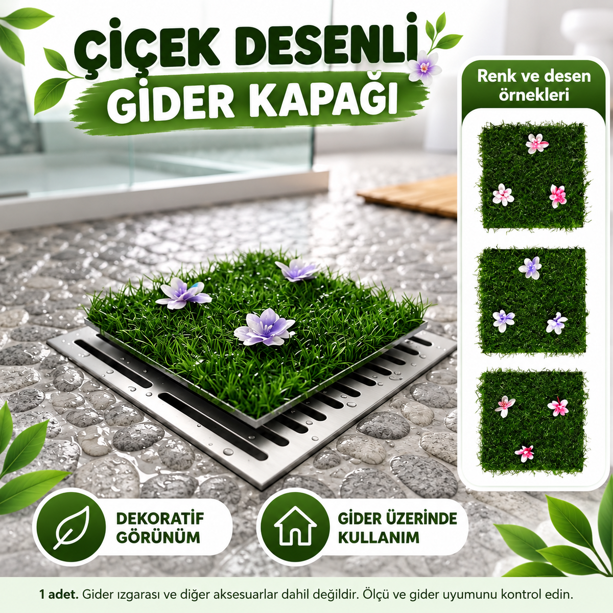 Çiçek Desenli Yapay Çim Gider Kapağı - özellik ve kullanım bilgileri