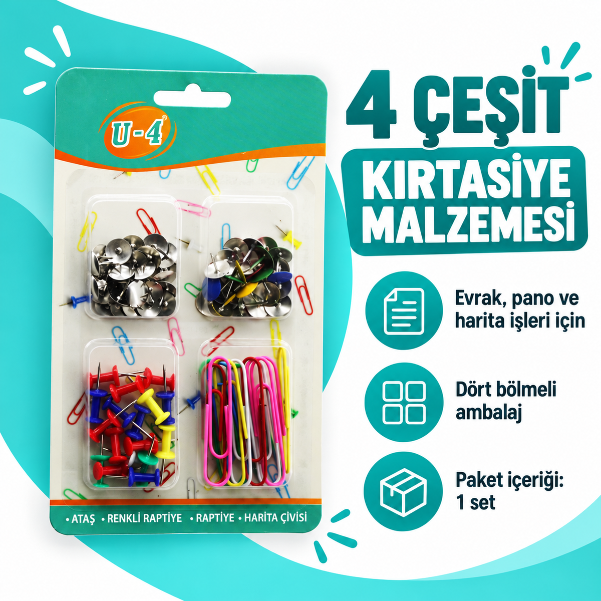 4'lü Okul Kırtasiye Seti - Ataş - Raptiye - Pano İğnesi - Harita Çivisi - özellik ve kullanım bilgileri