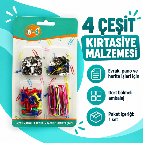 4'lü Okul Kırtasiye Seti - Ataş - Raptiye - Pano İğnesi - Harita Çivisi - özellik ve kullanım bilgileri