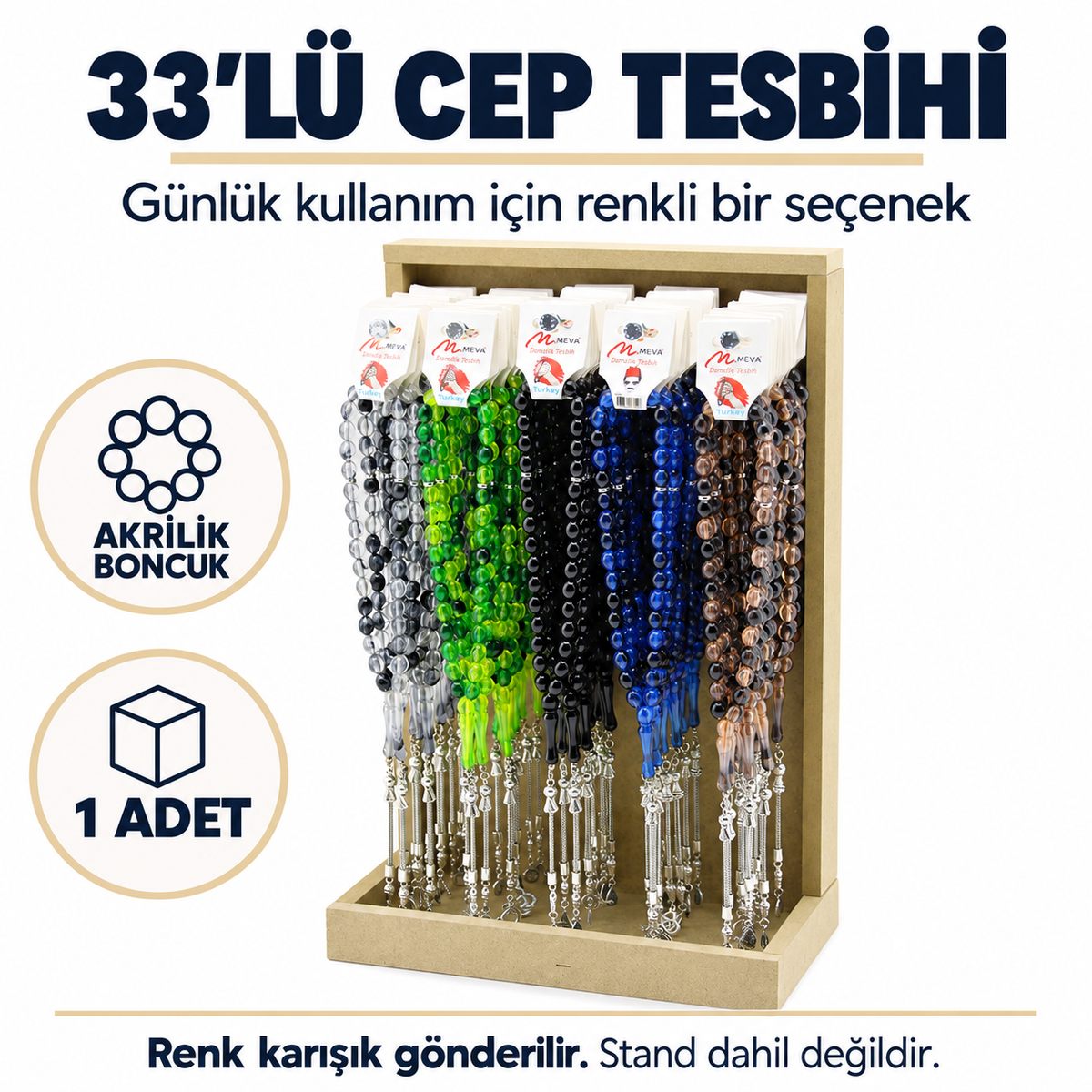 Büyük Cep Tesbihi - 33'lü - Akrilik - Lastikli Misina İpli - özellik ve kullanım bilgileri