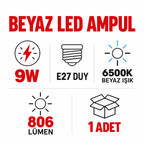 Beyaz Led Ampul - 9W - E27 Duy - özellik ve kullanım bilgileri