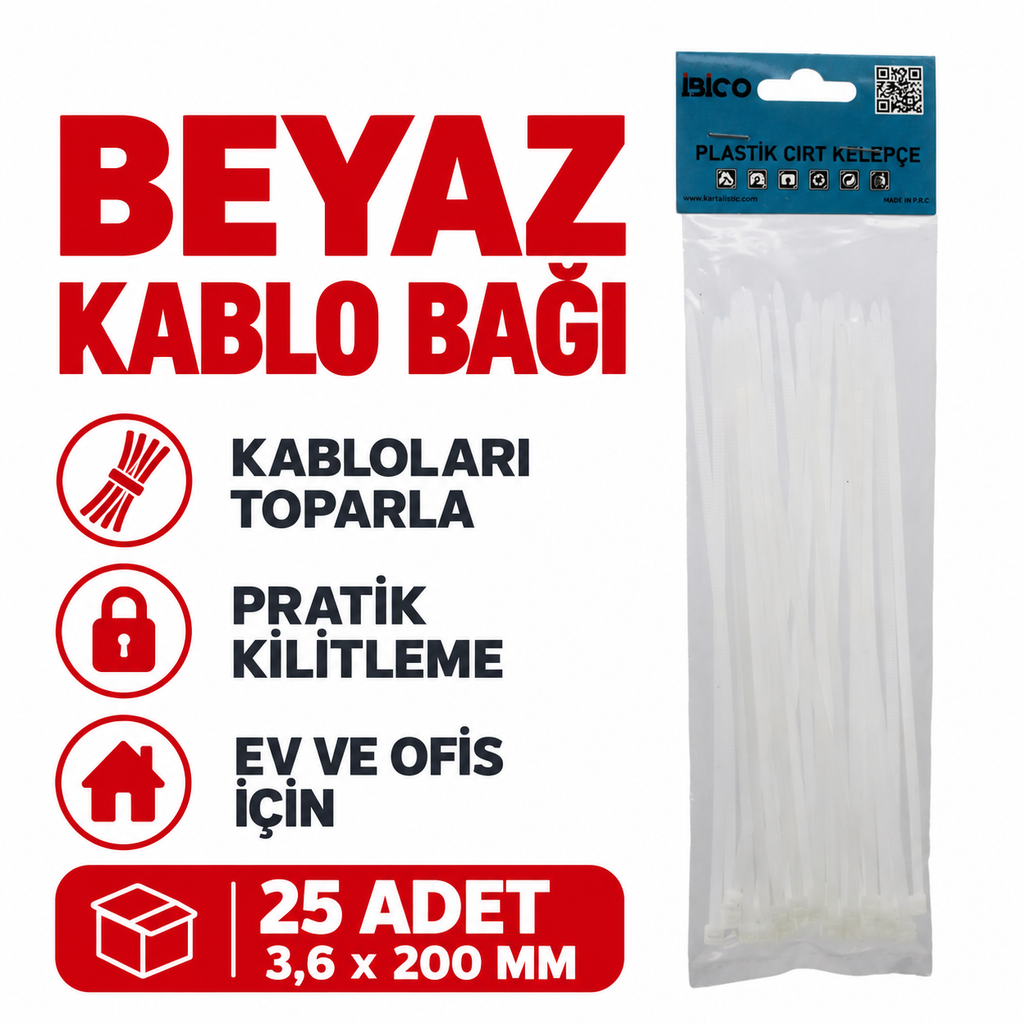 25'li Cırt Kelepçe - Plastik - Beyaz Renk - Kablo Bağı - özellik ve kullanım bilgileri