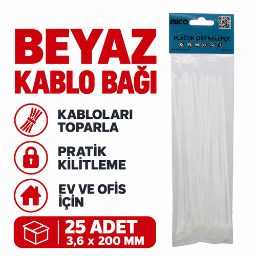 25'li Cırt Kelepçe - Plastik - Beyaz Renk - Kablo Bağı - özellik ve kullanım bilgileri