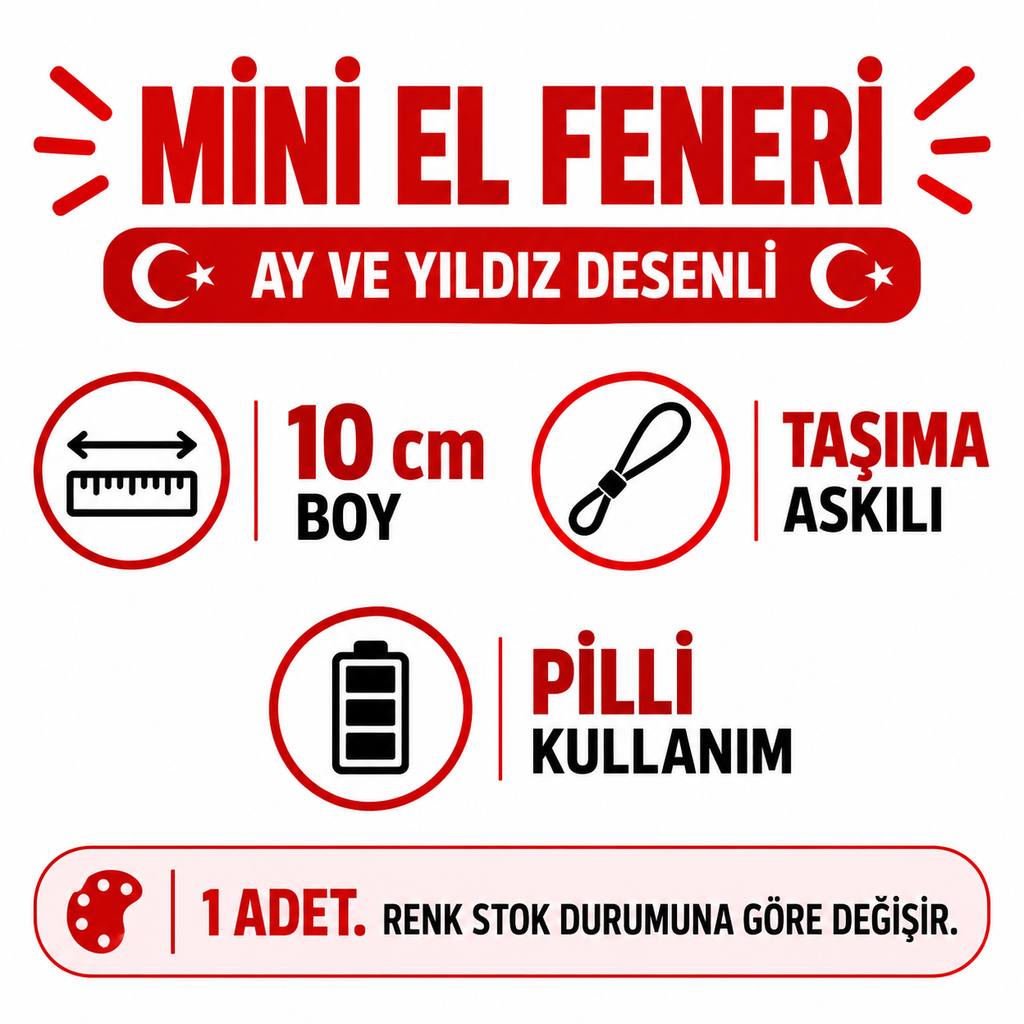 Mini Renkli El Feneri - Ay Dede ve Yıldız Desenli - Plastik - Pilli - özellik ve kullanım bilgileri