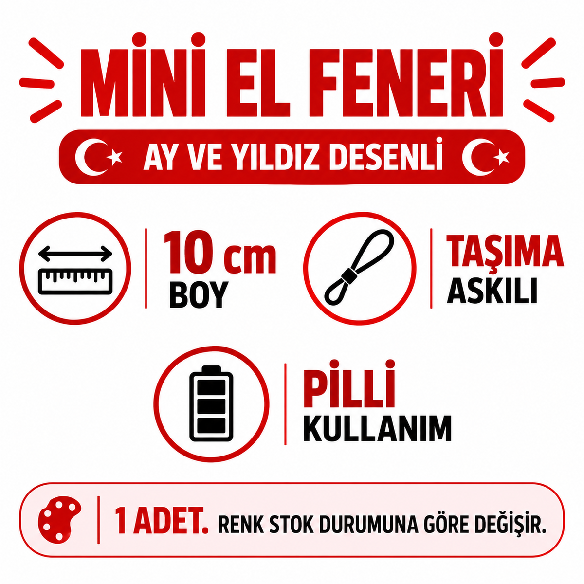 Mini Renkli El Feneri - Ay Dede ve Yıldız Desenli - Plastik - Pilli - özellik ve kullanım bilgileri
