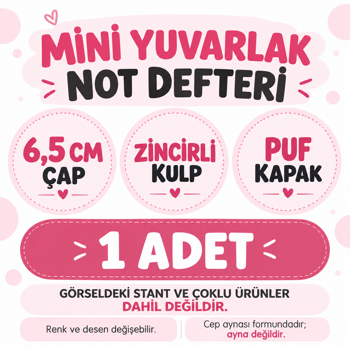 Mini Yuvarlak Not Defteri - Cep Aynası Modeli - Zincirli Kulp - Puf Kapak - özellik ve kullanım bilgileri