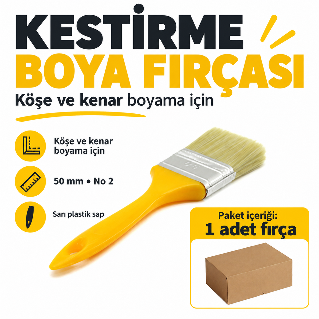 Kestirme Boya Fırçası - 50 mm - No 2 - Sarı Saplı - özellik ve kullanım bilgileri