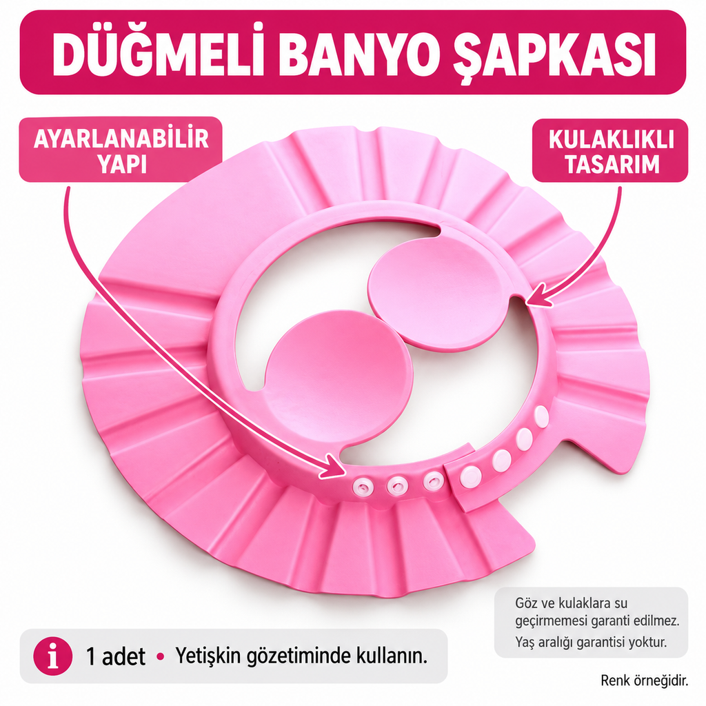 Bebek Banyo Şapkası Düğmeli Kulaklıklı - özellik ve kullanım bilgileri