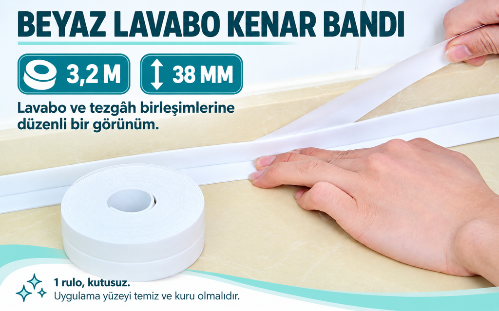 BEYAZ Su Sızdırmaz Lavabo Kenar Bandı (KUTUSUZ)(3.2m) - özellik ve kullanım bilgileri