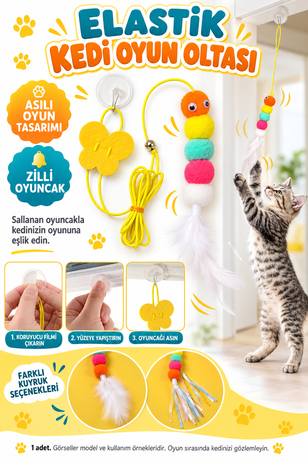 Elastik Yapışkanlı Kedi Oyun Oltası - özellik ve kullanım bilgileri