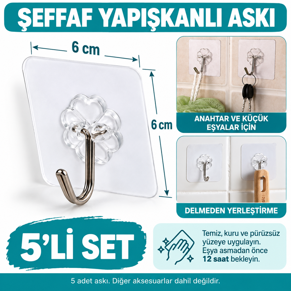 Kendinden Yapışkanlı Şeffaf Askı 5 Li Set - özellik ve kullanım bilgileri