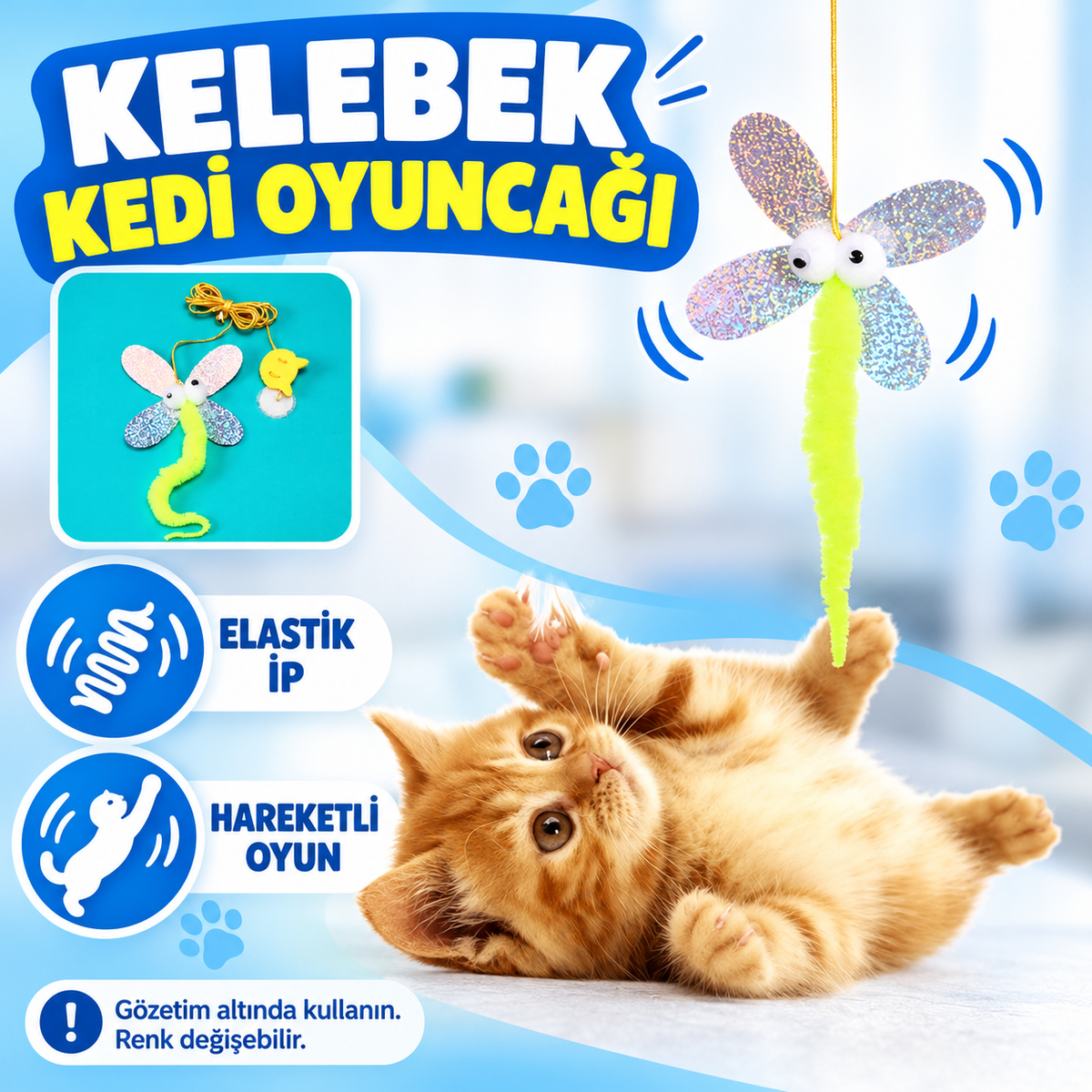 Kelebek Model Elastik Kendinden Yapışkanlı Kedi Oyun Oltası - özellik ve kullanım bilgileri