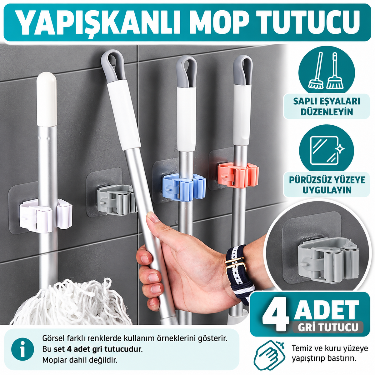 Yapışkanlı Gri Mop Tutucu Seti 4 Adet - özellik ve kullanım bilgileri