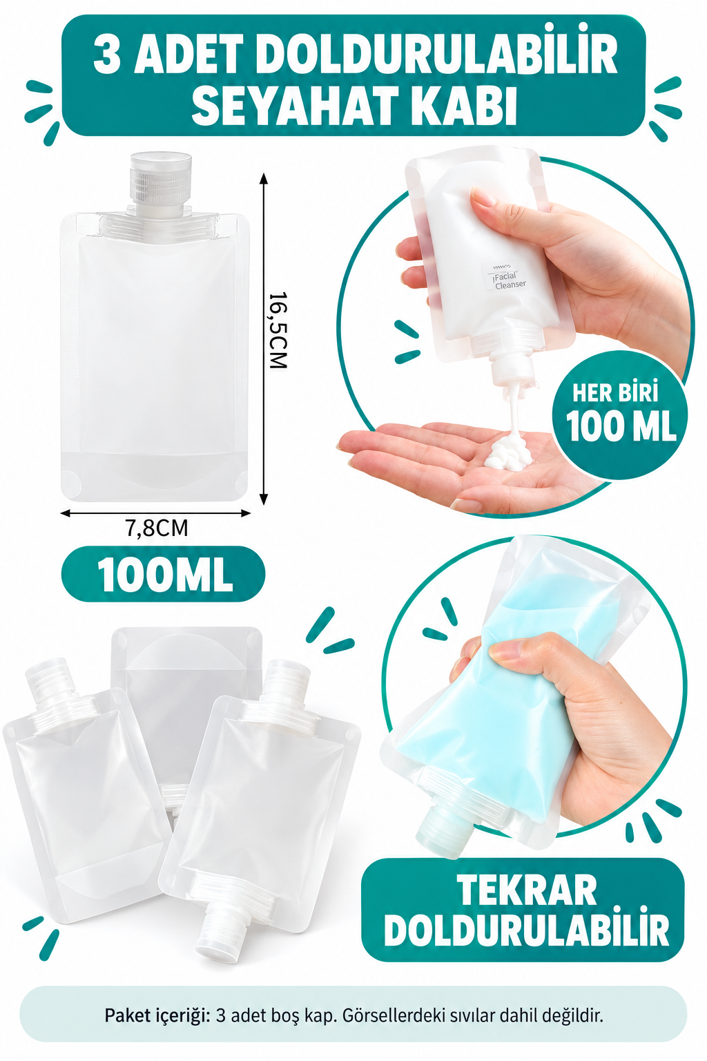 3 Adet 100ml Krem Şampuan Kabı Tekrar Kullanılabilir Set - özellik ve kullanım bilgileri