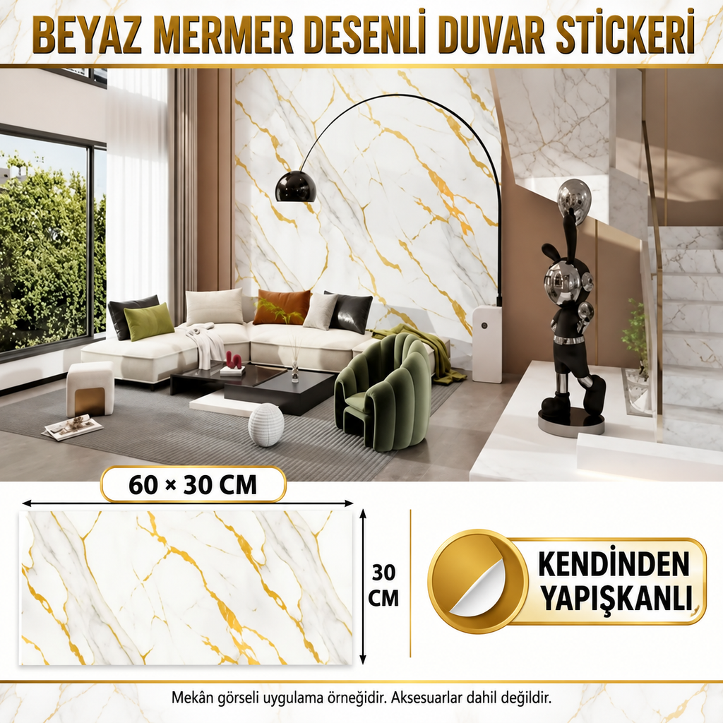 Beyaz Mermer Desenli Duvar Stickerı - 60×30 cm - özellik ve kullanım bilgileri