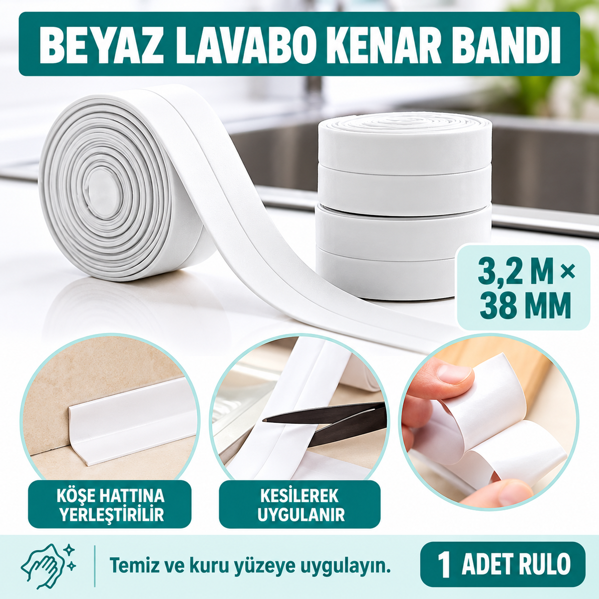 BEYAZ Su Sızdırmaz Lavabo Kenar Bandı (3.2m) - özellik ve kullanım bilgileri