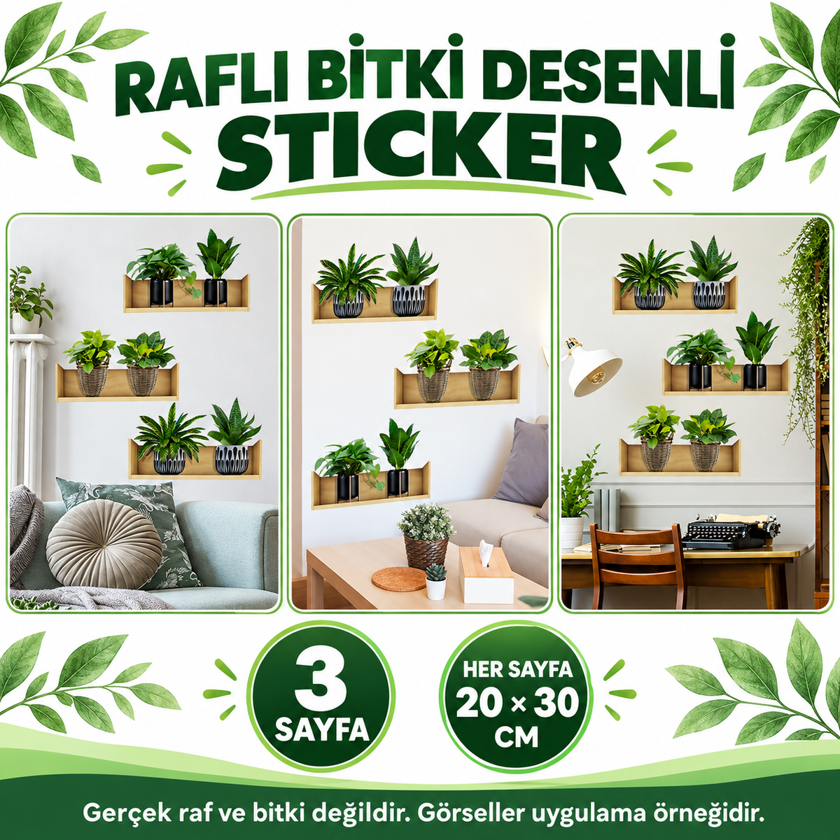 Raflı Bitki Tasarımlı Yapışkanlı Sticker 20*30 cm 3lü Set - özellik ve kullanım bilgileri