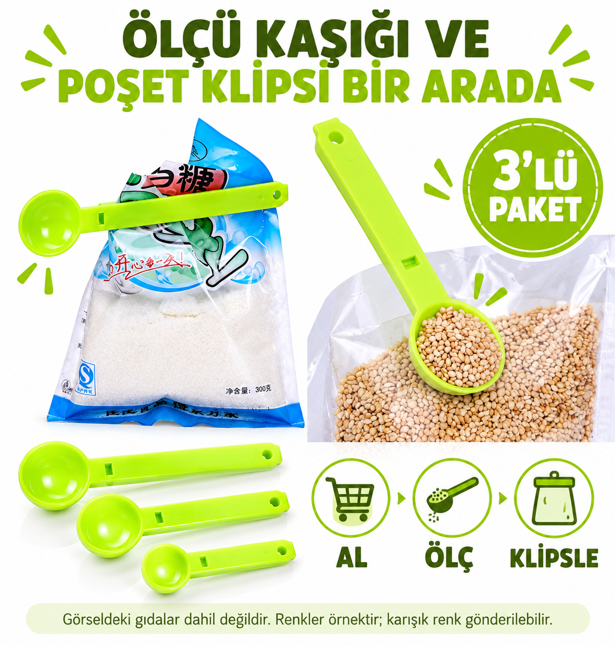 Ölçme Kaşıklı Poşet Klipsi 3'lü Paket - özellik ve kullanım bilgileri