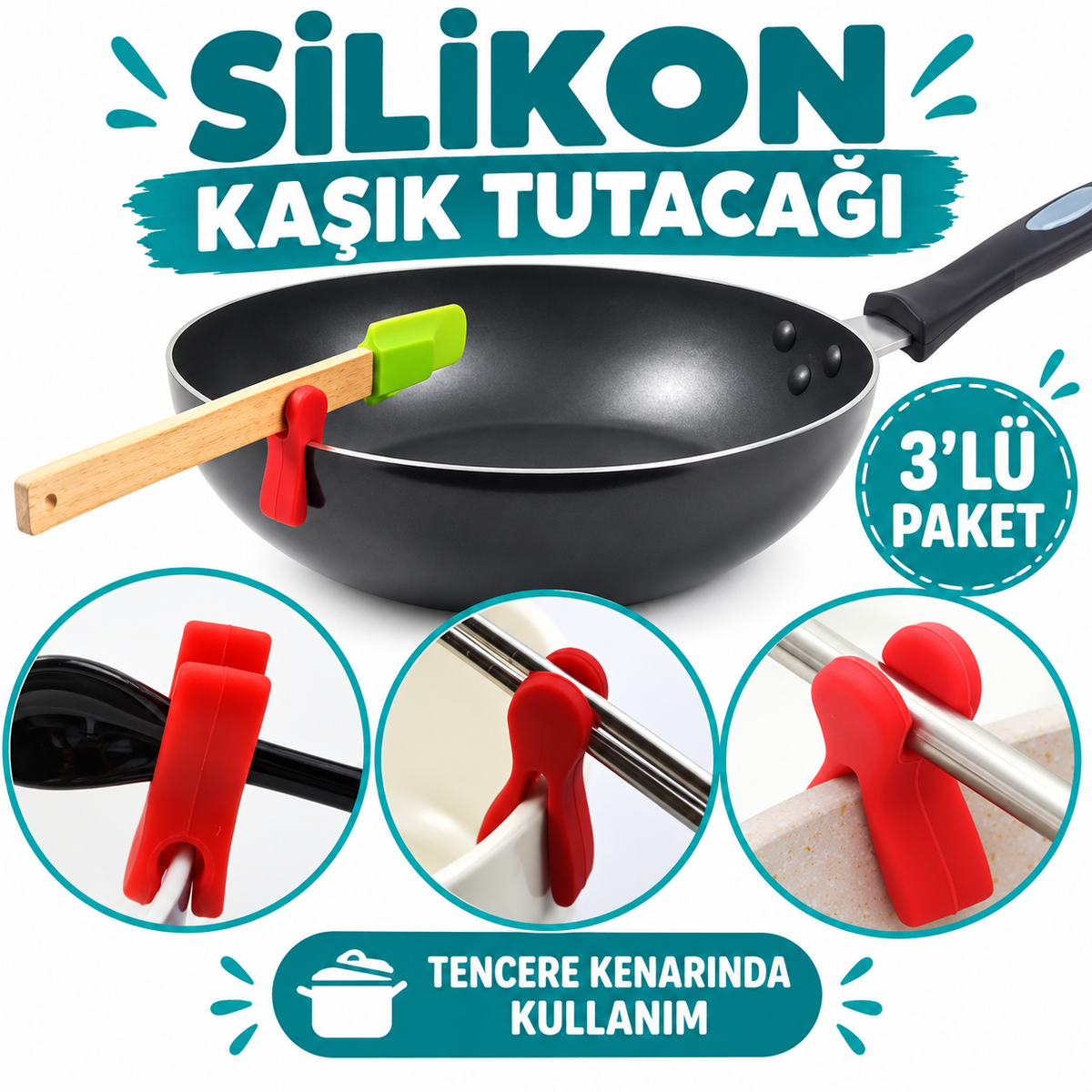Silikon Tava Kaşık Tutacağı 3'lü Paket - özellik ve kullanım bilgileri
