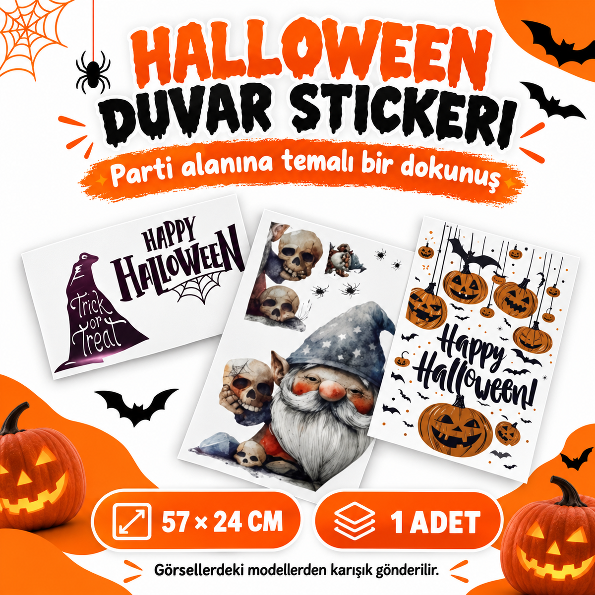 Halloween Temalı Duvar Stickerı - 3 Farklı Model - Cadılar Bayramı Dekoru - 57x24 cm - özellik ve kullanım bilgileri