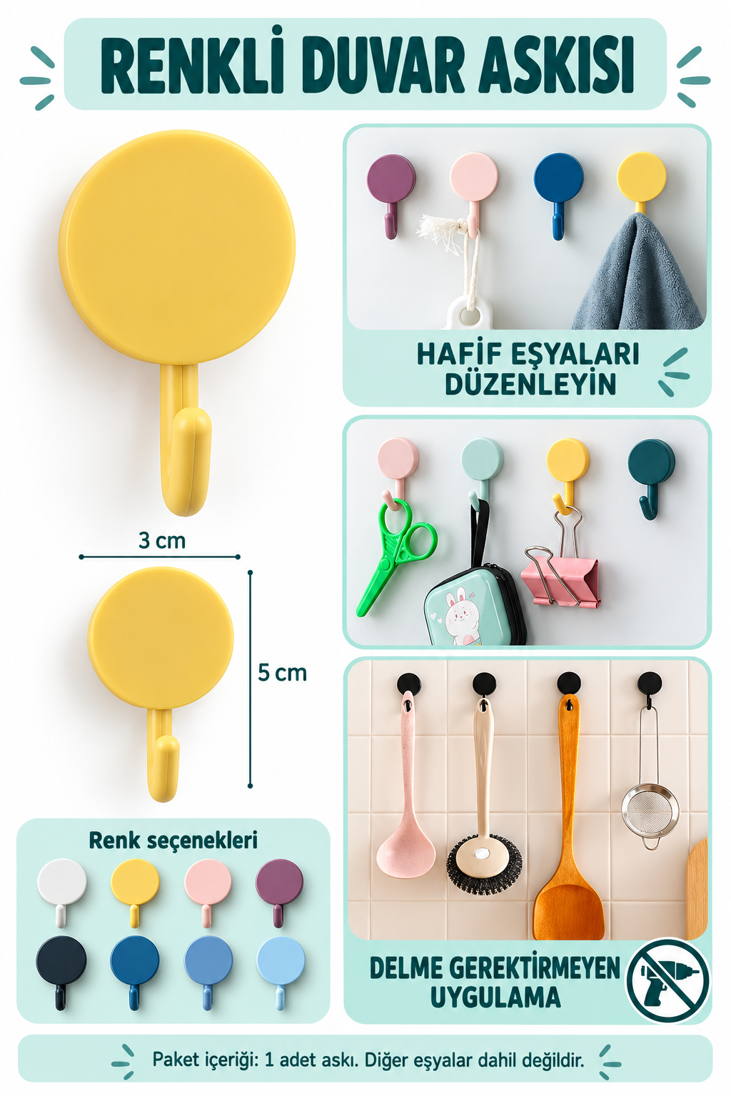 Kendinden Yapışkanlı Renkli Duvar Askısı - özellik ve kullanım bilgileri