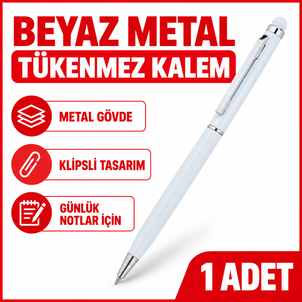 Beyaz Renk Tükenmez Metal Kalem - özellik ve kullanım bilgileri