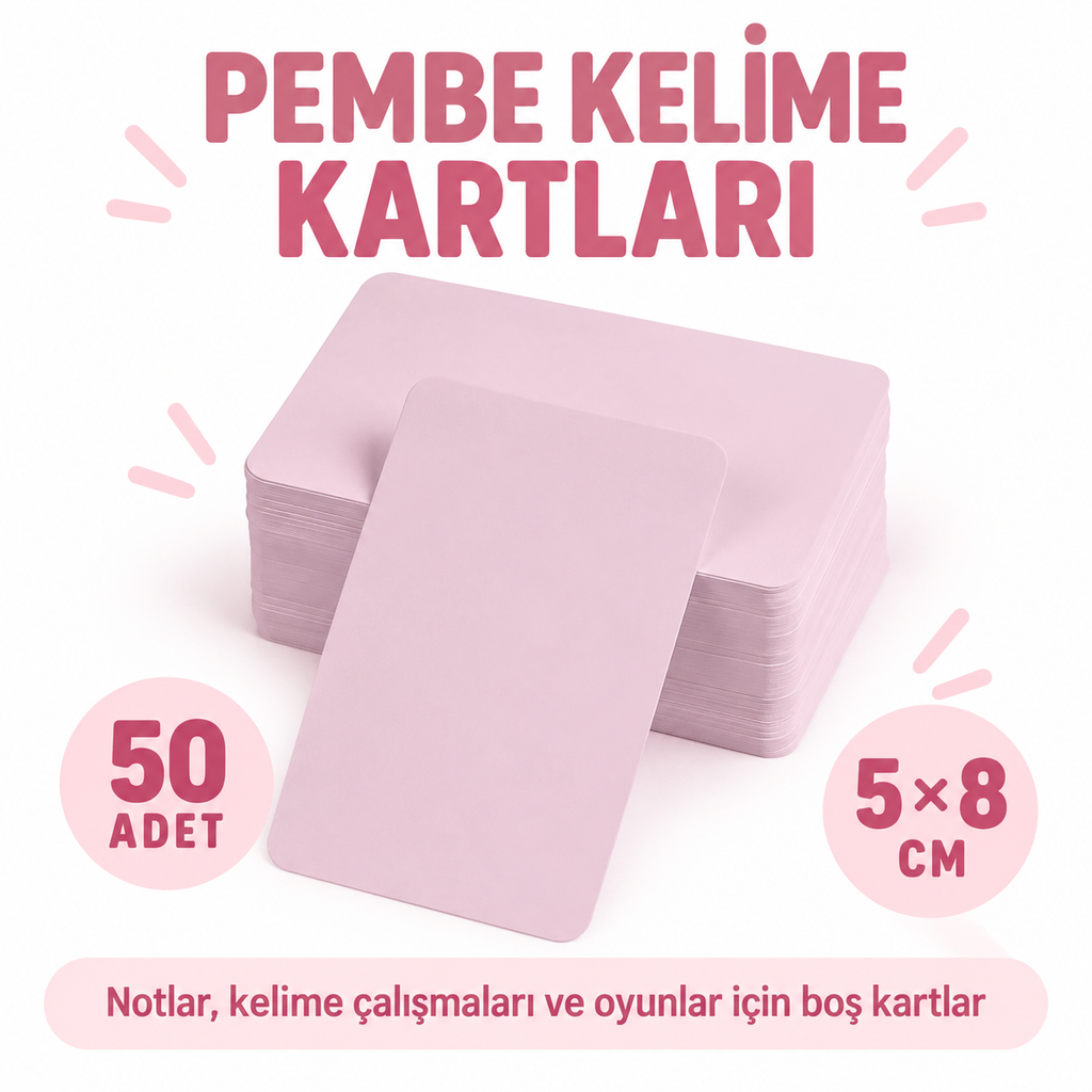 Pembe Boş Kelime Kartları 50 Adet - özellik ve kullanım bilgileri