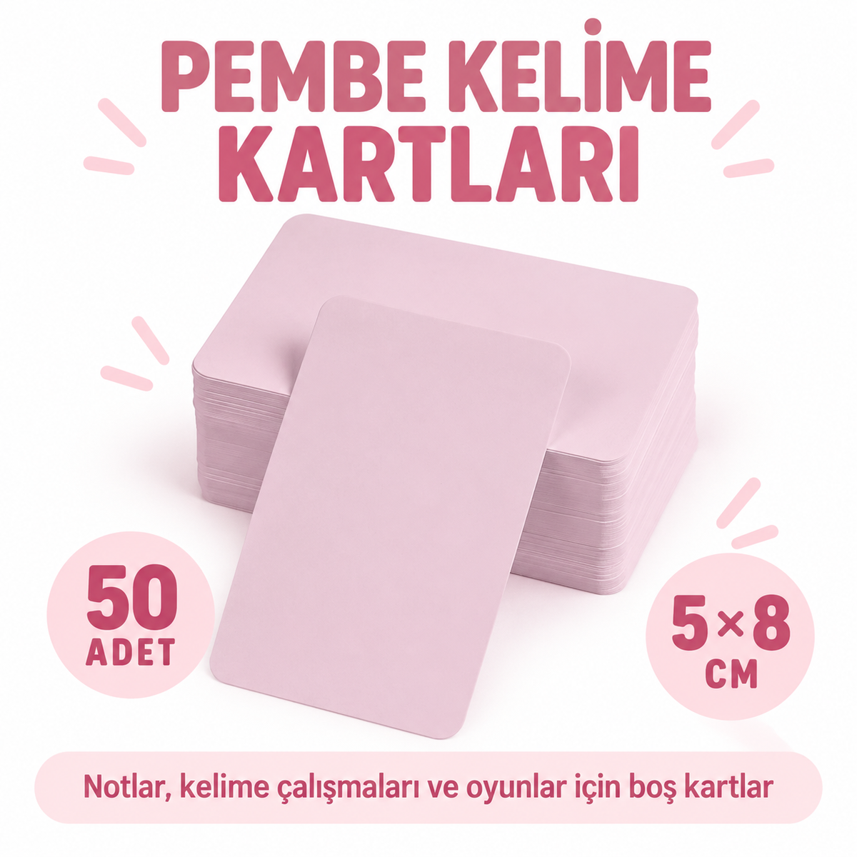 Pembe Boş Kelime Kartları 50 Adet - özellik ve kullanım bilgileri