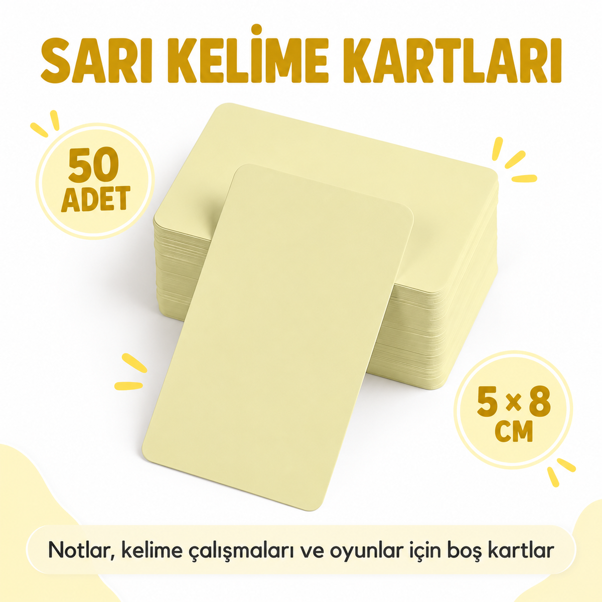 Sarı Boş Kelime Kartları 50 Adet - özellik ve kullanım bilgileri